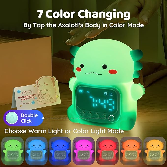 Axolotl Alarm Clock with Night Light for Kids, Rechargeable Silicone Lamp Time to Wake Clock Cute Animal Tabletop Lamp, Perfect Sleep Companion for Boys Girls, Green - Bloomnest