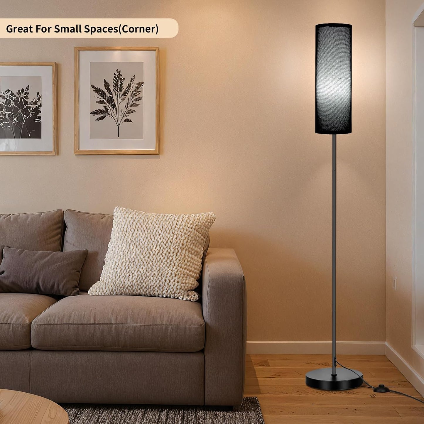 FRIDEKO HOME Floor Lamp with Black Shade, Simple Design with Foot Pedal Switch, Small Tall Lamps for Living Room Bedroom Office, Corner Floor Stand Light with Black Pole Lamp (No Bulb/No Remote)
