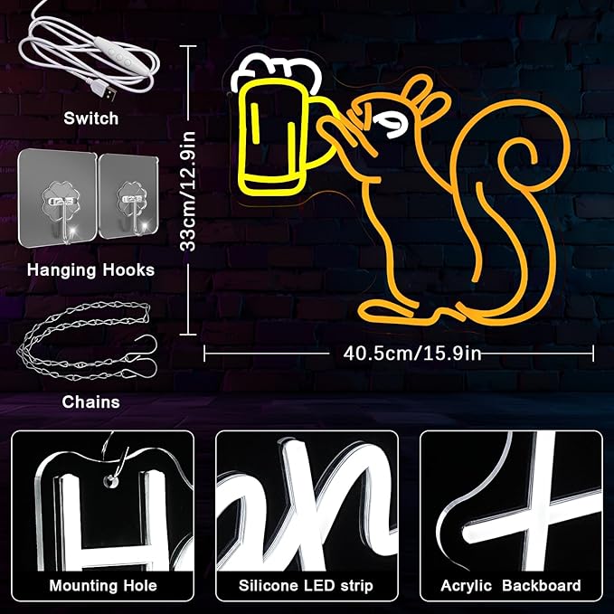 Squirrel Beer Neon Sign for Wall Decor Bar Light Beer Squirrel Neon Light Beer Glass LED Neon Light Squirrel Wall Decor Dimmable Neon Light Sign for Bar Man Cave Bedroom Shop Business - Bloomnest