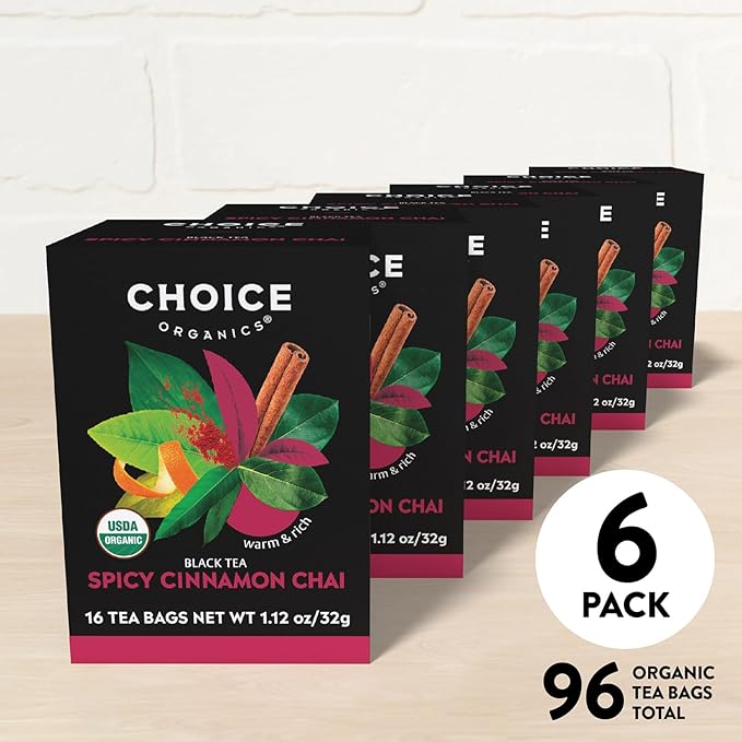 Choice Organics - Organic Spicy Cinnamon Chai Tea (6 Pack) - Rainforest Alliance - Contains Caffeine - 96 Organic Black Tea Bags - Bloomnest
