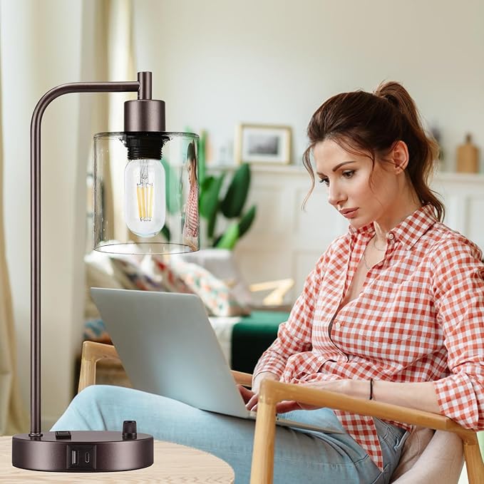 Lynnoland Set of 2 Oil Rubbed Bronze Table Lamps with USB C+A Ports and Outlet, Fully Stepless Dimmable Bedside Lamps, Industrial Desk Lamps with Clear Glass Shade for Living Room (2 LED Bulb) - Bloomnest