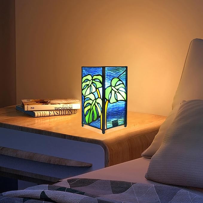 Tiffany Small Lamp Monstera Deliciosa Stained Glass Table Lamp Monstera Swiss Cheese Plant Mini Retro Accent Night Light for Home Decor Boys Girls Gifts - Bloomnest