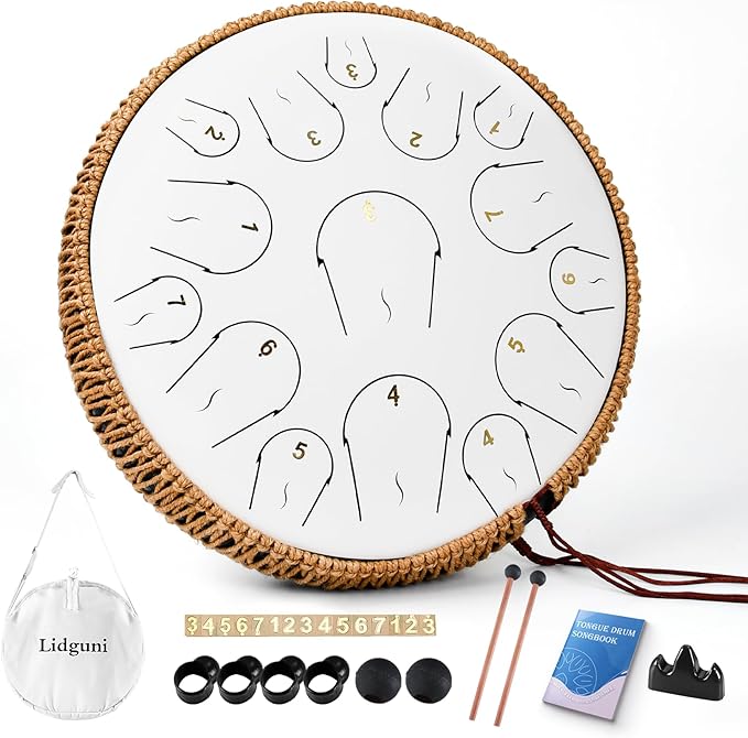 Steel Tongue Drum - 14 Inch 15 Note Tongue Drum - Hand Pan Drum with Music Book, Handpan Mallets and Carry Bag, C Major, White - Bloomnest