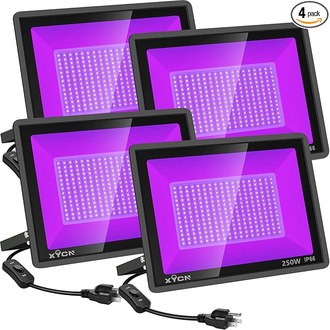 4 Pack 250W LED Flood Black Lights,395nm to 405nm UV Outdoor Flood High Power Blacklight Light with Plug in, IP66 Waterproof Large Black Light Spotlight for Glow Party Large Space, Halloween - Bloomnest