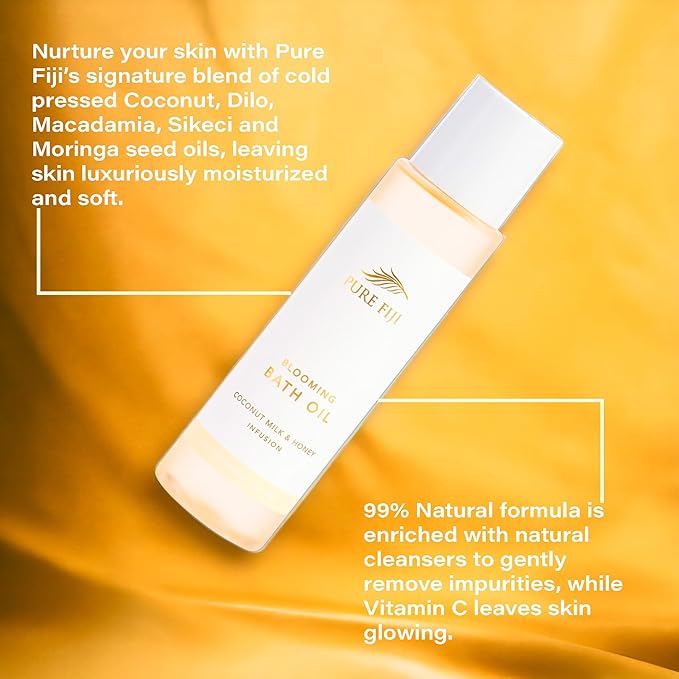 Pure Fiji Bath Oil, Conditioning Body Moisturizer with Natural Ingredients Bath Essential for Women Moisturizing Bath & Body Oil - Coconut Milk & Honey (8oz/236ml)