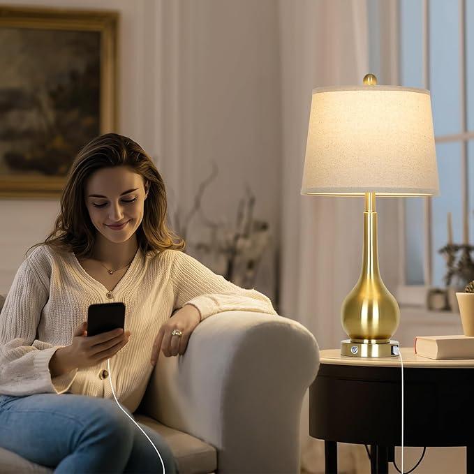 26" Gold Table Lamps Set of 2 for Living Room, Touch Control Bedroom Lamps for Nightstand, 3-Way Dimmable Bedside Lamp with USB A+C Port (2 LED Bulbs Included) - Bloomnest