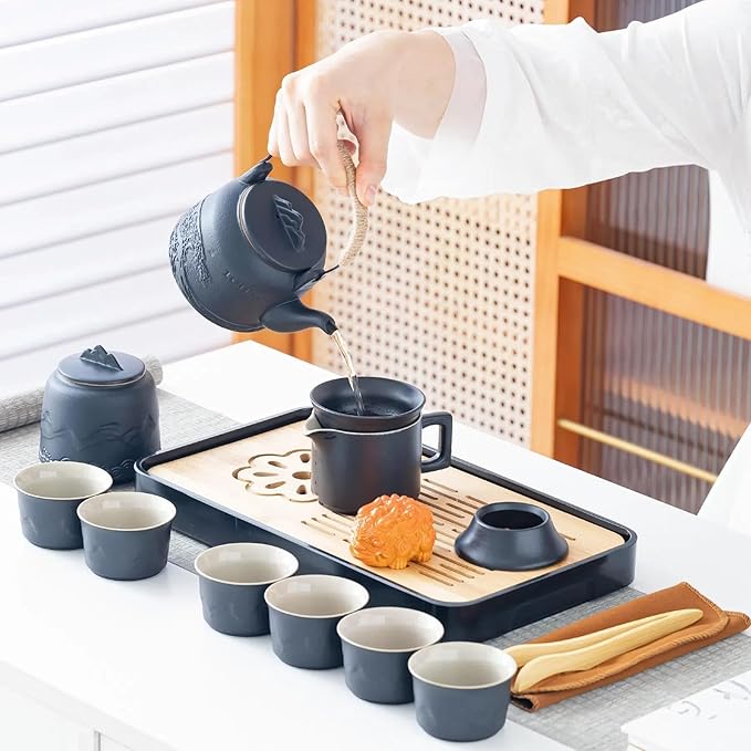 ICHAG Chinese Tea Set, Japanese Tea Sets for Adults, 15-Piece Porcelain Gongfu Tea Set with Tea Pet & Tea Tray, Japanese Teapot Set, Travel Tea Party Set, for Home/Office/Outdoor/Gifts (Black) - Bloomnest