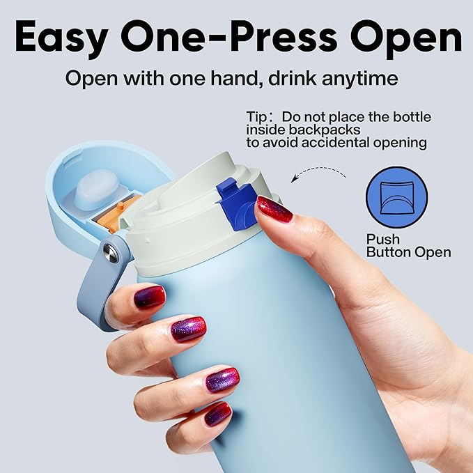 ENCOOL Insulated Water Bottle with Straw Stainless Steel Water Bottle with Push Button Lid, Leak-Proof & BPA-Free, Keeps Cold for 24 Hours for Sports, Travel, Gym (32 oz, Hazy Blue-Blue) ENCOOL