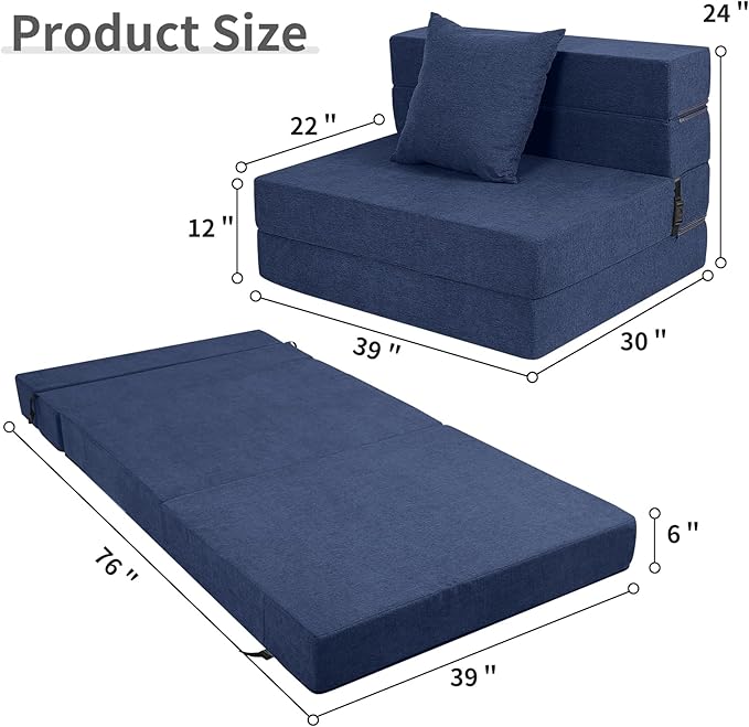 High-Density Memory Foam Folding Sofa Bed with Fluffy Pillow, Twin Size, Navy - Bloomnest