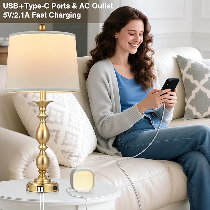 28" Tall Modern Table Lamps Set of 2 with USB A+C Ports and AC Outlet, 3 Way Touch Metal Bedside Lamps for Bedroom, Gold Farmhouse Nightstand Lamps for Living Room - Bloomnest