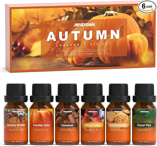 Autumn Fragrance Oil Set, ARVIDSSON Fall Essential Oils for Diffuser and Candle Making, Pumpkin Spice, Cinnamon, Spiced Cider, Snickerdoodle, Autumn Wreath, Pine, Cozy Scented Oils - Bloomnest