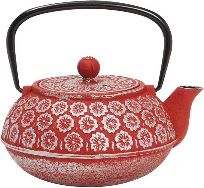 Juvale Red Floral Cast Iron Teapot Kettle - Superior Heat Retention & Stovetop Tea Kettle - Built-In Infuser & Loose Leaf Tea Pot - Red, 34 oz