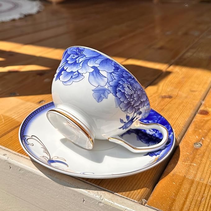 ACMLIFE Bone China Tea Sets, Blue and Gold Tea Set for Adults Porcelain Tea Cup Set, Cup and Saucer Set Vintage Floral for Women Party or Christmas Gifts Giving (china blue) - Bloomnest