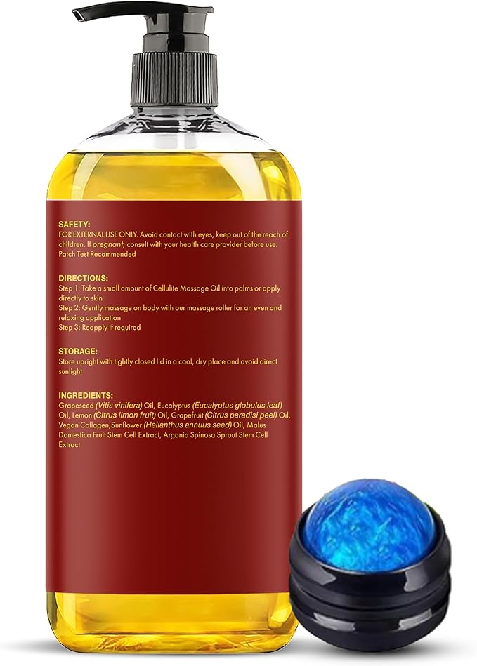 MAJESTIC PURE Massage Oil for Massage Therapy - Refreshing, and Relaxing - Natural Oils - for All Skin Types - Men and Women (8 Fl Oz, Cellulite Massage Oil with Roller) - Bloomnest
