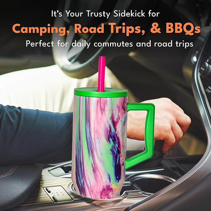 Elemental 40 oz Tumbler with Handle and Straw - Spill Proof Insulated Stainless Steel Commuter for Hot and Cold Beverages - Travel Coffee Mug with 2 Straws & Spill Proof Lid - 40oz - Aurora Dream - Bloomnest