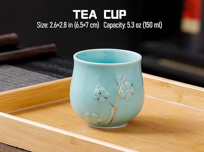Japanese Tea Set with 1 Teapot(23 oz/660ml), 6 Tea cups(5.3 oz/150ml), 1 Tea Tray, 1 Stainless Infuser, Golden plum blossom relief,Chinese gungFu tea set (Golden plum-Blue) - Bloomnest