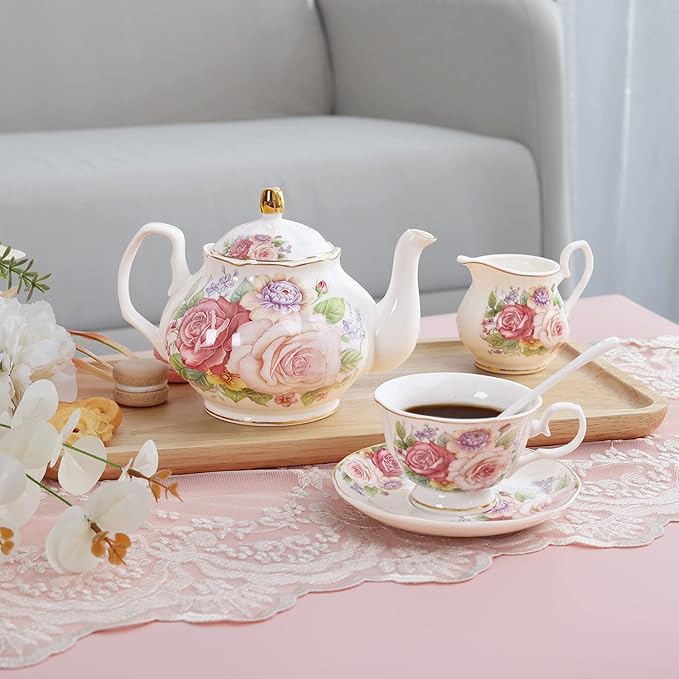 fanquare European Porcelain Coffee Set, Pink Women Tea Set, Bone China Tea Set, Vintage Floral Coffee Tea Pot with Cups - Bloomnest