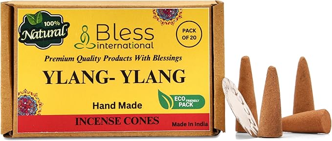 Bless International YLANG-YLANG 100%-Natural-Incense-Cones Handmade-Hand-Dipped Organic-Chemicals-Free for-Purification-Relaxation-Positivity-Yoga-Meditation The-Best-scents (20 Count) BlessInternational
