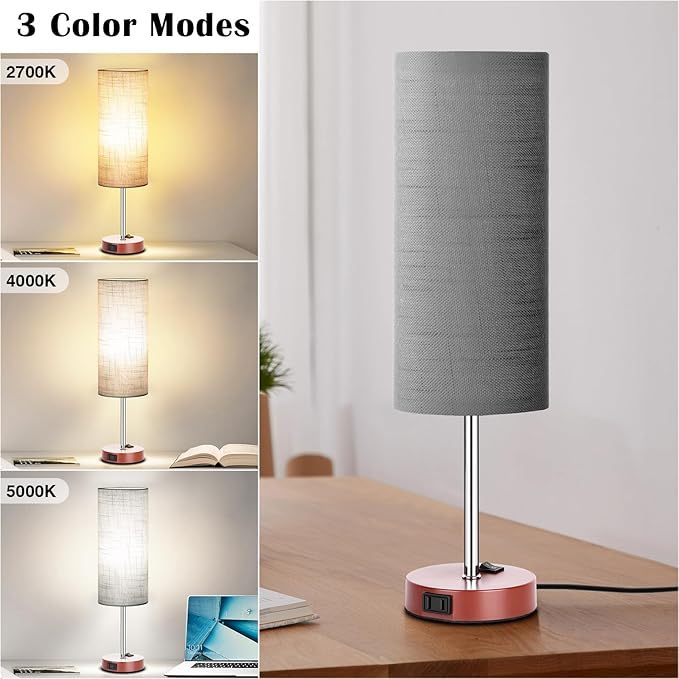 ZJOJO Table Lamp for Bedroom 2 Pack,18in Bedside Lamps with 3 Way Dimmable Rocker Switch & AC Outlet,Nightstand Desk Lamp with Gray Fabric Shade Brown Base for Living Room Home Decor Lights - Bloomnest