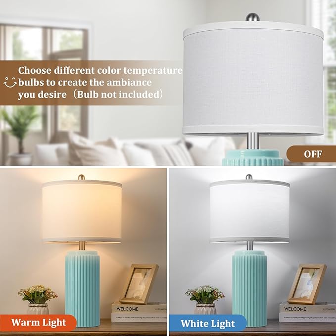 23.5’’ Light Green Coastal Table Lamps for Bedroom Set of 2, Modern Ceramic Nightstand Lamps for Living Room, Elegant Bedside Lamps with White Line Shade Set for Reading, Farmhouse Side Table Lamps - Bloomnest