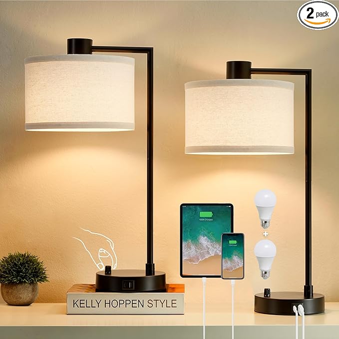 Luvkczc Table Lamp for Bedroom Set of 2 with USB C+A Ports, Fully Stepless Dimmable Bedside Lamp with Linen Lampshade, Contemporary Lamp for Living Room Reading Office, 2 LED Bulbs Included (Black) - Bloomnest