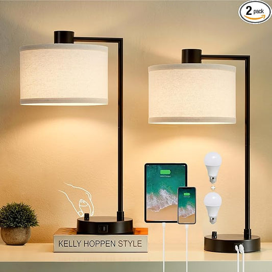 Luvkczc Table Lamp for Bedroom Set of 2 with USB C+A Ports, Fully Stepless Dimmable Bedside Lamp with Linen Lampshade, Contemporary Lamp for Living Room Reading Office, 2 LED Bulbs Included (Black) - Bloomnest