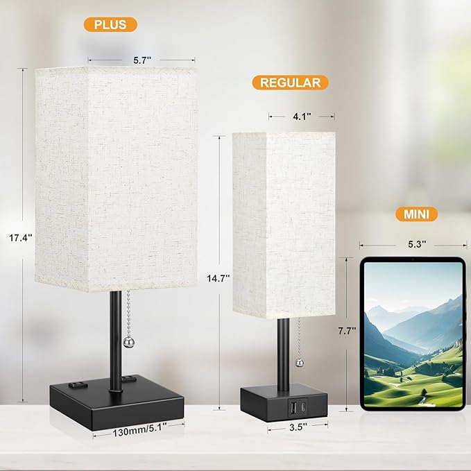 aooshine Beige Table Lamp for Bedroom - 3 Color Temperature 3000K 5000K 4000K Bedside Lamp, Pull Chain Control, USB A and C Ports, AC Outlets, Bulb Included, Medium - Bloomnest