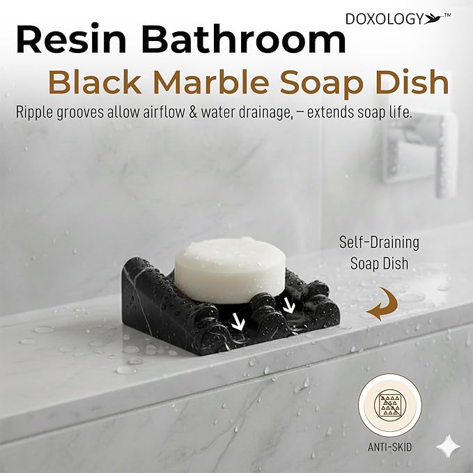DOXOLOGY Black Marble Soap Dish Bathroom Organizer - Resin Soap Dish with Rectangular Design 3.7" L x 2.8" W - Self Draining Soap Dishes Keeps Countertop Neat - Marble Look Soap Tray for Sink - Bloomnest