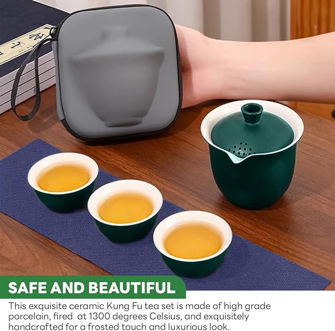 Portable Chinese Tea Set，Gongfu Kung Fu Tea Set，Porcelain Teapot & Teacups with Travel Bag for Travel Home Gifting Outdoor and Office（Green）