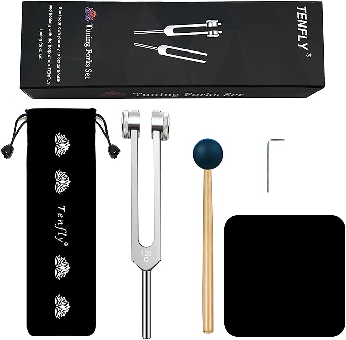 128 Hz Tuning Fork Weights Aluminum Clinical Grade Nerve/Sensory with Black Silicone Hammer, Cleaning Cloth and Felt Case, Non-Magnetic Aluminum Alloy - Bloomnest