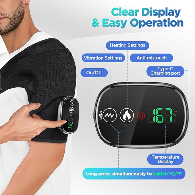 Cordless Portable Shoulder Heating Pad & Massager, Heating Vibration Shoulder Wrap, Shoulder Brace for Pain Relief, Rotator Cuff Support for Men & Women, Black - Bloomnest