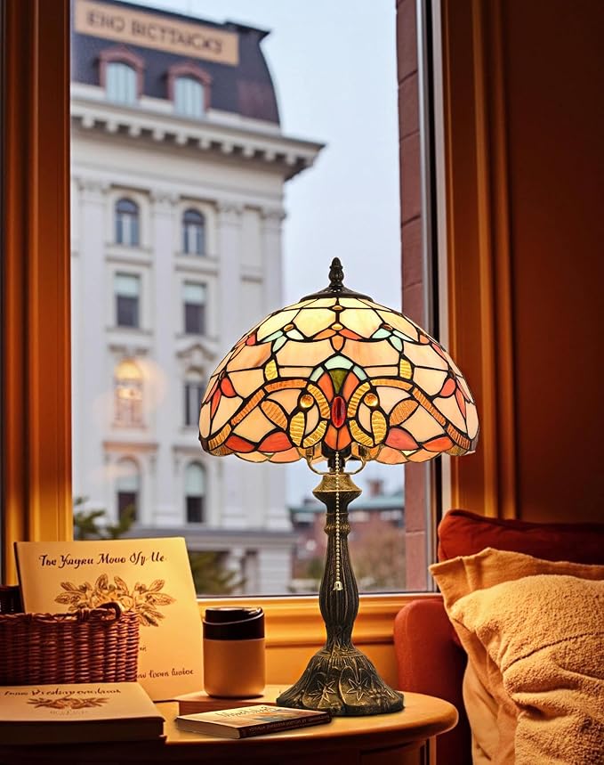 Tiffany Table Lamp, 12-inch Stained Glass Lamp for Living Room, Dining Room, Bedroom, Study Room, Office (Beige Baroque) - Bloomnest