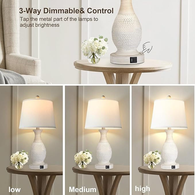 PARTPHONER Table Lamps Set of 2, Bedside Touch Lamp with USB C+A Charging Ports, Side Table Lamp with White Fabric Shade (LED Bulbs Included) - Bloomnest