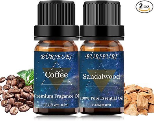 BURIBURI Sandalwood Oil Essential Oil and Coffee Essential Oil 10ml, 100% Pure Coffee Fragrance Oil for Diffuser, Massage BURIBURI