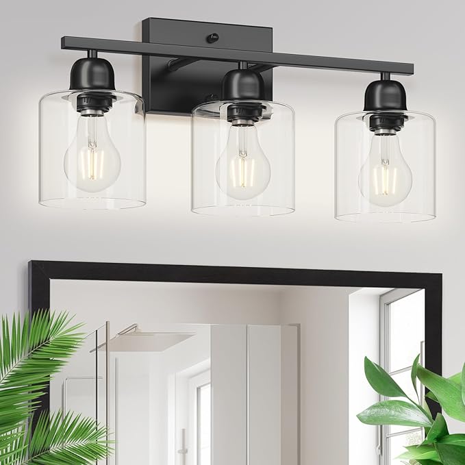Modern 3 Light Bathroom Light Fixtures, 19 inch Black Vanity Lights for Bathroom with Clear Glass for Mirror Kitchen Living Room Hallway Cabinet Porch - Bloomnest
