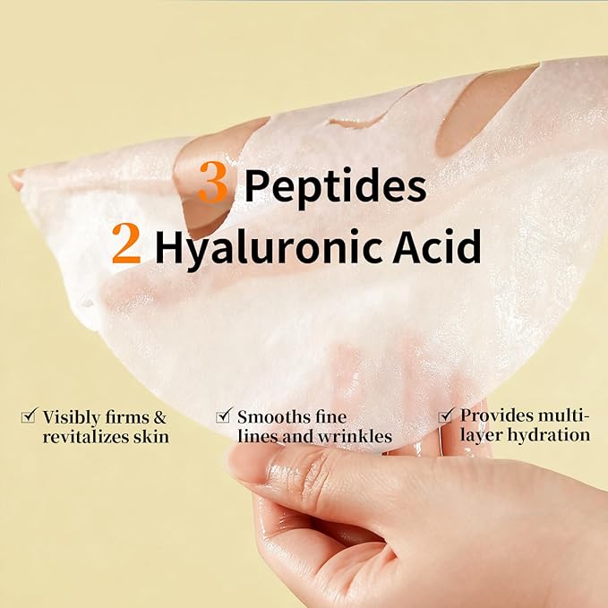Firming and Moisturizing Sheet Face Masks (Pack of 10) with Hyaluronic Acid and Peptides, Reduce Fine Lines and Wrinkles, Hydrating & Anti-Aging Spa Face Mask, Facial Skin Care - Bloomnest