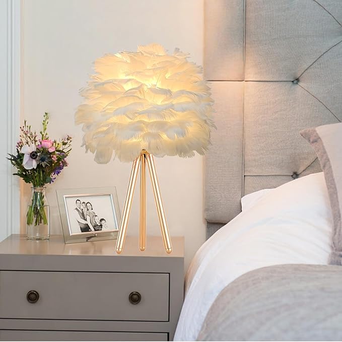 ZYLEIESENBAO White Feather Lamp Furry Table Lamp H16'' Modern Princess Feather Desk Lamp Tripod Fluffy Bedside Nightstand Light for Bedroom Wedding Atmosphere Girl Gift Living Room Retaurant Entryway - Bloomnest