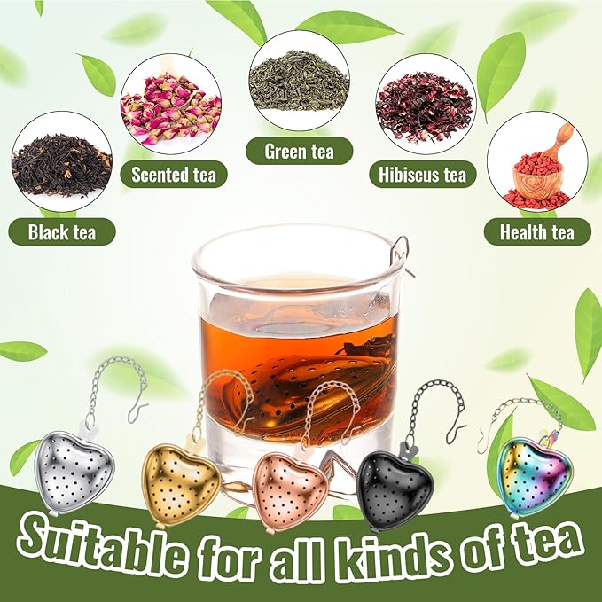 Sumind 50 Pcs Stainless Steel Tea Strainer Ball Infuser Loose Leaf Steeper Interval Diffuser Heart Shape Mesh Filters with Extended Chain Hook for tea party Seasonings Cup Bottle (Multicolor) - Bloomnest