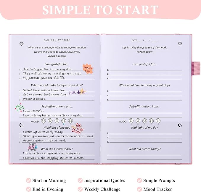Gratitude Journal with 4 Inspirational Stickers: Undated Daily Gratitude Journal for Women and Men - More Happiness, Affirmation, and Mindfulness in A Few Minutes with Prompts & Quotes (Pink) - Bloomnest