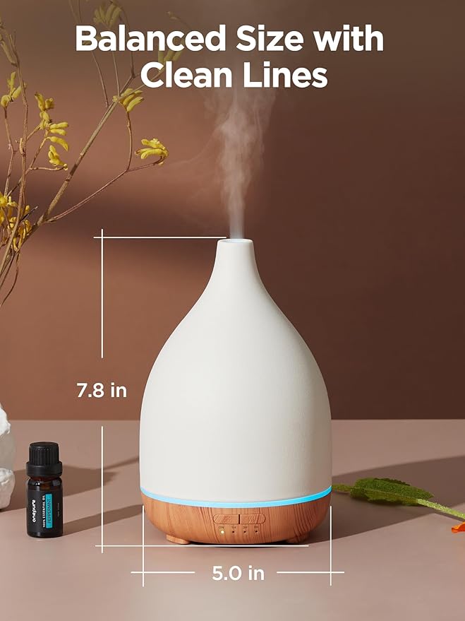 InnoGear Oil Diffuser, 300ML Ceramic Diffuser for Essential Oils Handcrafted Aromatherapy Diffuser Ultrasonic Cool Mist Humidifier with 4 Timers Waterless Auto Off for Room Office, White - Bloomnest