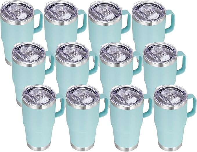 VEGOND 20 oz Tumbler Bulk with Handle Lid and Straw, Stainless Steel Insulated Travel Coffee Mug Set, Spill Proof Double Wall Metal Tumblers Cups, Mint Green 12 Pack - Bloomnest