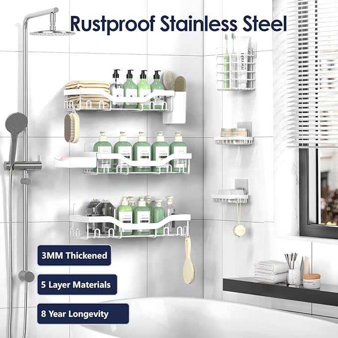 Shower Caddy Adhesive Shower Organizer 8-Pack, Rustproof Stainless Steel Bathroom Shelves, Large Capacity No-Drill Rack Storage Accessories with Soap Dish Toothbrush Holder Hooks - Bloomnest