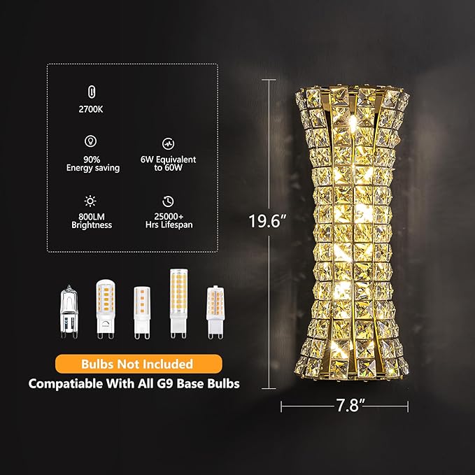 Crystal Wall Sconces,Modern Wall Light Fixtures,Luxury Indoor Gold Wall Lamp for Living Room Bedroom Bathroom Hallway Doorway Stairway,Bedside,Tricolor Vanity Lighting Fixture - Bloomnest