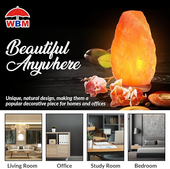 WBM Salt Lamp - USB Himalayan Salt Lamp with Touch Dimmer Control, Natural Pink Crystal, 5-7 lbs, Wooden Base, LED Bulb, Room Decor, Home Decor, Relaxation, Ambiance, Gift