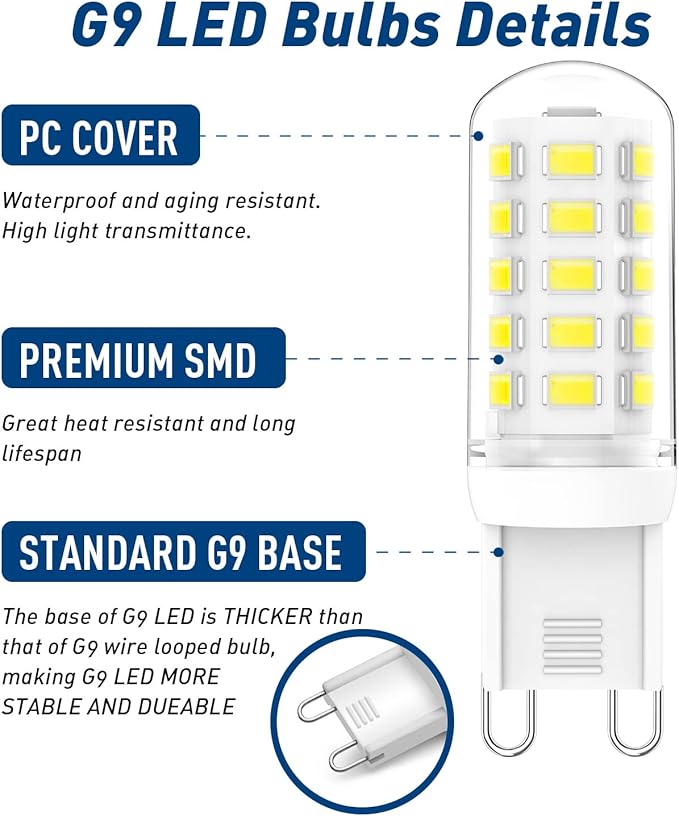 Dimmable G9 LED Bulb 6000K Daylight, 3W G9 Base Chandelier Light Bulb Daylight White,20W 25W 30W Halogen Replacement G9 Bi Pin Base,120V 360°Beam 4-Pack - Bloomnest