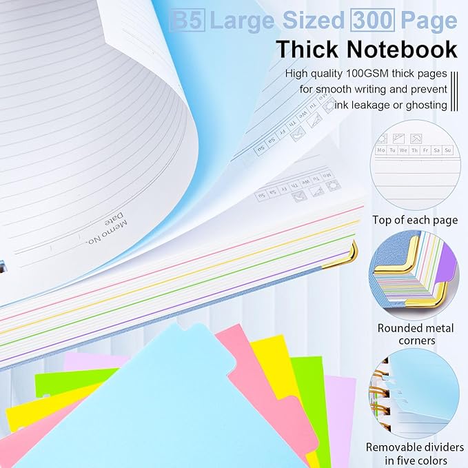 Hardcover Spiral Notebook 8"x10" Journal Notebook with Tabs and Removable Dividers 300 Pages 5 Subject Notebook College Ruled, Faux Leather Spiral Bound Notebook for Women School Work (Lake Blue) - Bloomnest