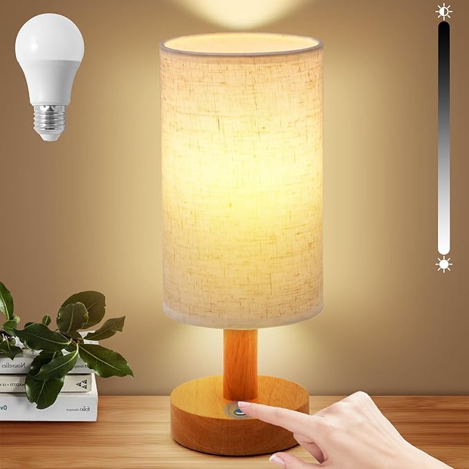 Cordless Table Lamp, 2200mAh Battery Operated Desk Lamp, Touch Bedside Lamps for Night Stands, Warm Light Mini Boho Lamp, Wood Base Round Flaxen Fabric Shade for Living Room,LED Bulb Included (Beige) - Bloomnest