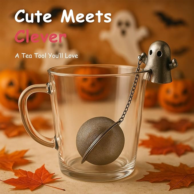 Calico Cat Tea Infuser Set - Adorable Tricolor Kitty Hook, Fine Mesh Loose Leaf Tea Steeper, Stainless Steel, No Mess, 1 Pack (Ghost Hugging the Cup Edge)