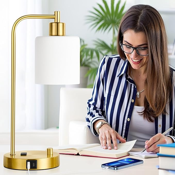 Lynnoland Set of 2 Industrial Table Lamps with USB C+A Ports and Outlet, Gold Fully Stepless Dimmable Bedside Lamps, Nightstand Lamp with Opal Glass Shade for Reading Office (2 LED Bulb) - Bloomnest