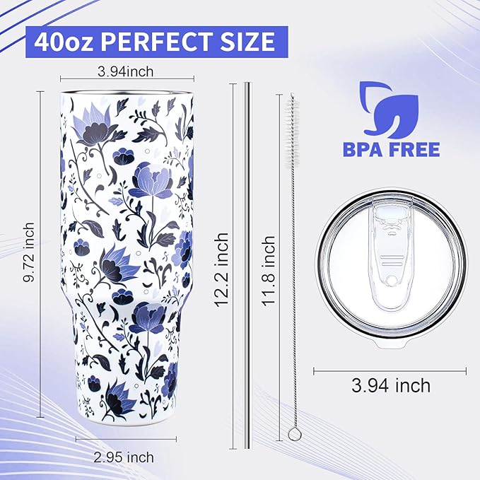 40 oz Tumbler with Lids and Straws Double Wall Insulated Tumbler Cup,Stainless Steel Vacuum Tumbler Powder Coated Travel coffee Mug for Cold and Hot Drinks,Blue and White Porcelain - Bloomnest